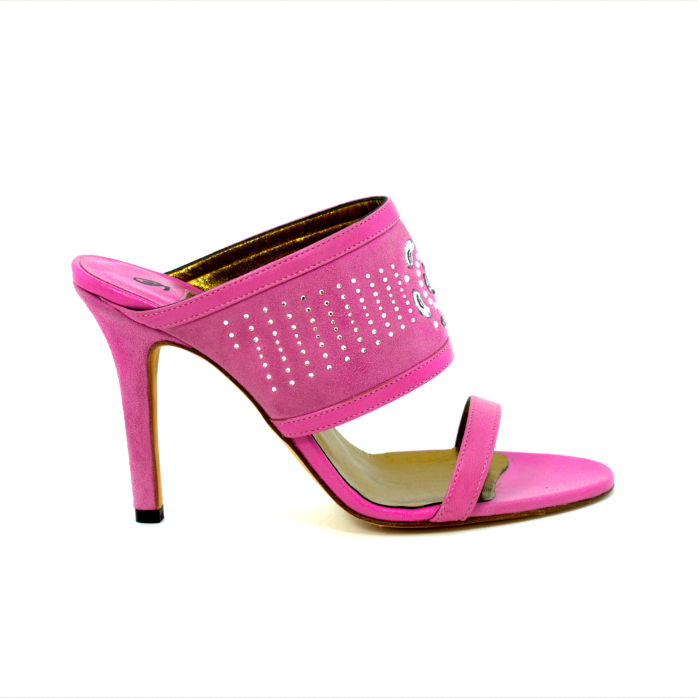 “Aurora sandalo elegante in pelle camoscio fuxia e pelle nappa fantasia Swarovski con tacco alto105mm OL JIMMY”