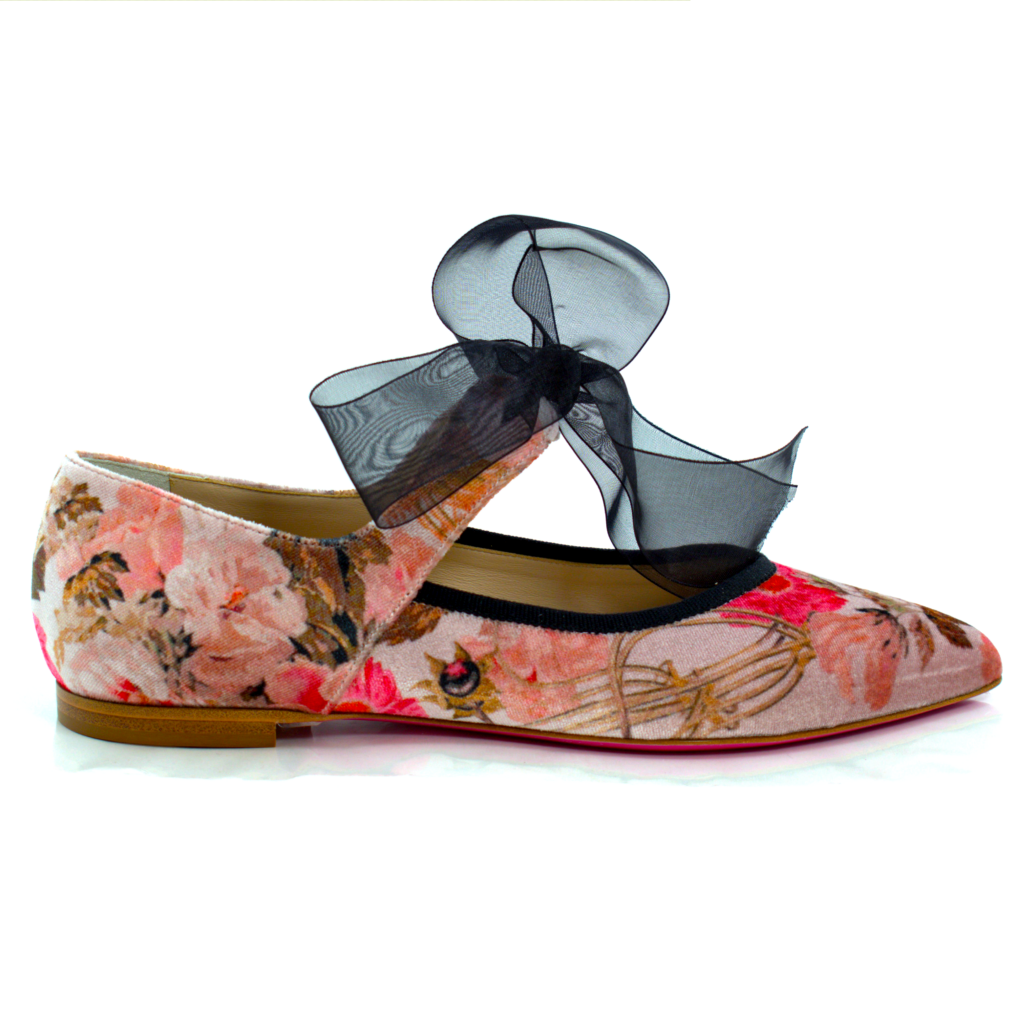 “Laura décolleté ballerina sofisticata in velluto floreale con bordi profilati gro-grè con fiocco organza tacco 10mm