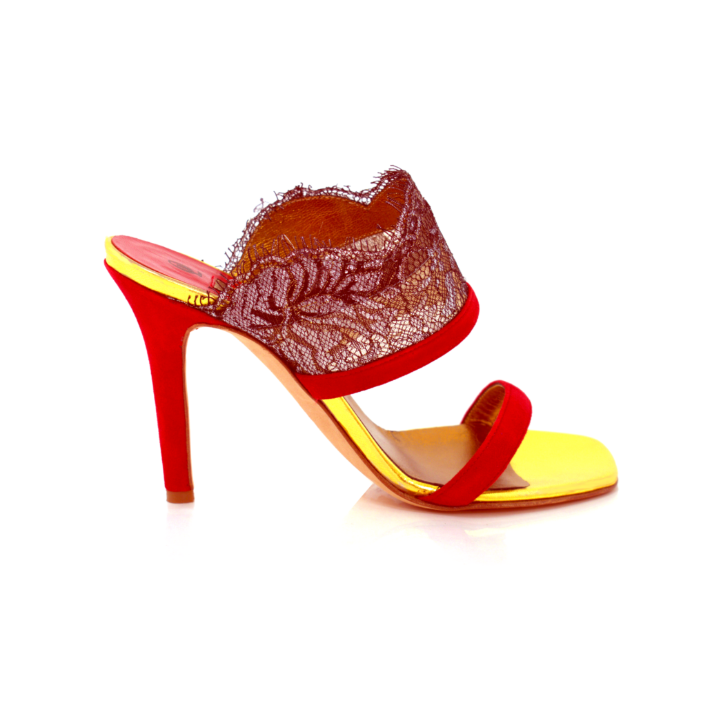 Marina sandalo da sera in pizzo nero e pelle camoscio rosso ripoti in pelle oro tacco spillo 100mm OL JIMMY”